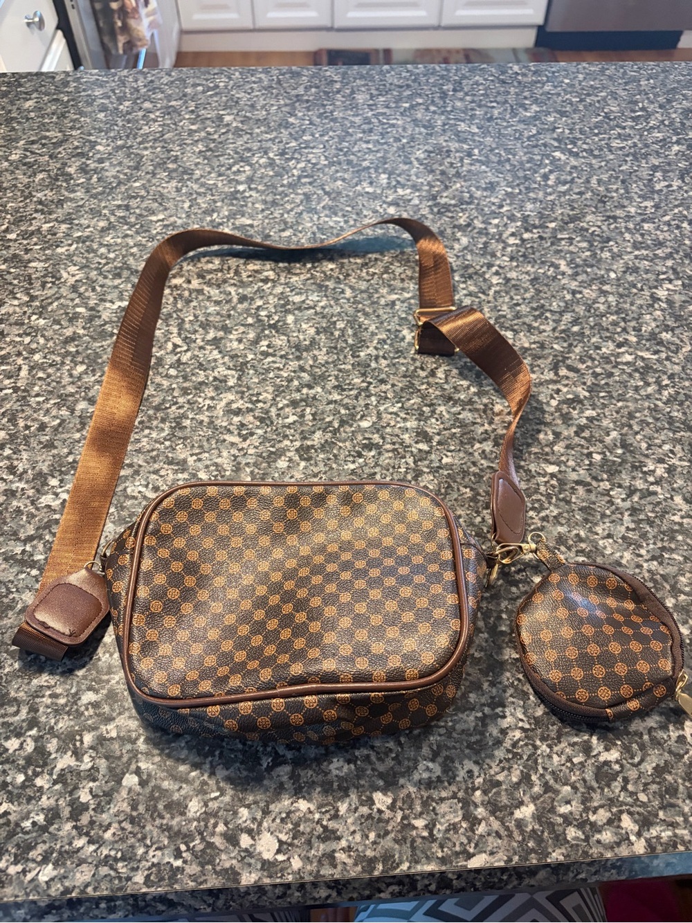Brown Patterned Crossbody Bag with Coin Pouch